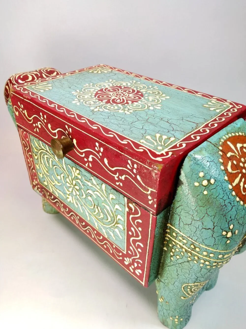 Hand Painted Wooden Elephant Jewelry Trinket Storage Box